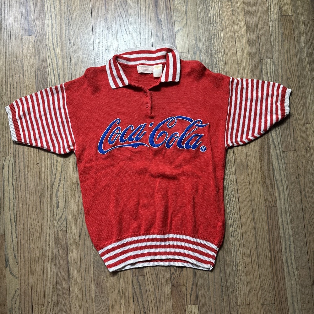 VTG 1980s Coca Cola Red Blue Striped Stitched Knit Sweater Terry cloth Soda Old